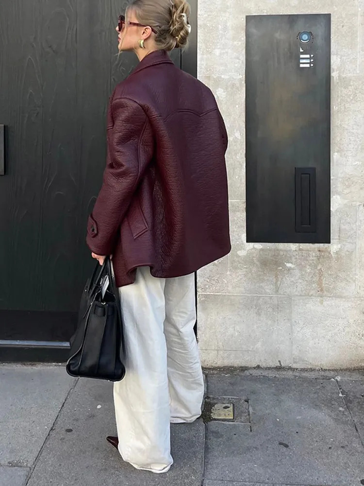 Fashion Double Breasted Burgundy Color Lychee Leather Jackets Women Chic Cropped Oversized Solid Coats Lady High Streetwear 2024 241106