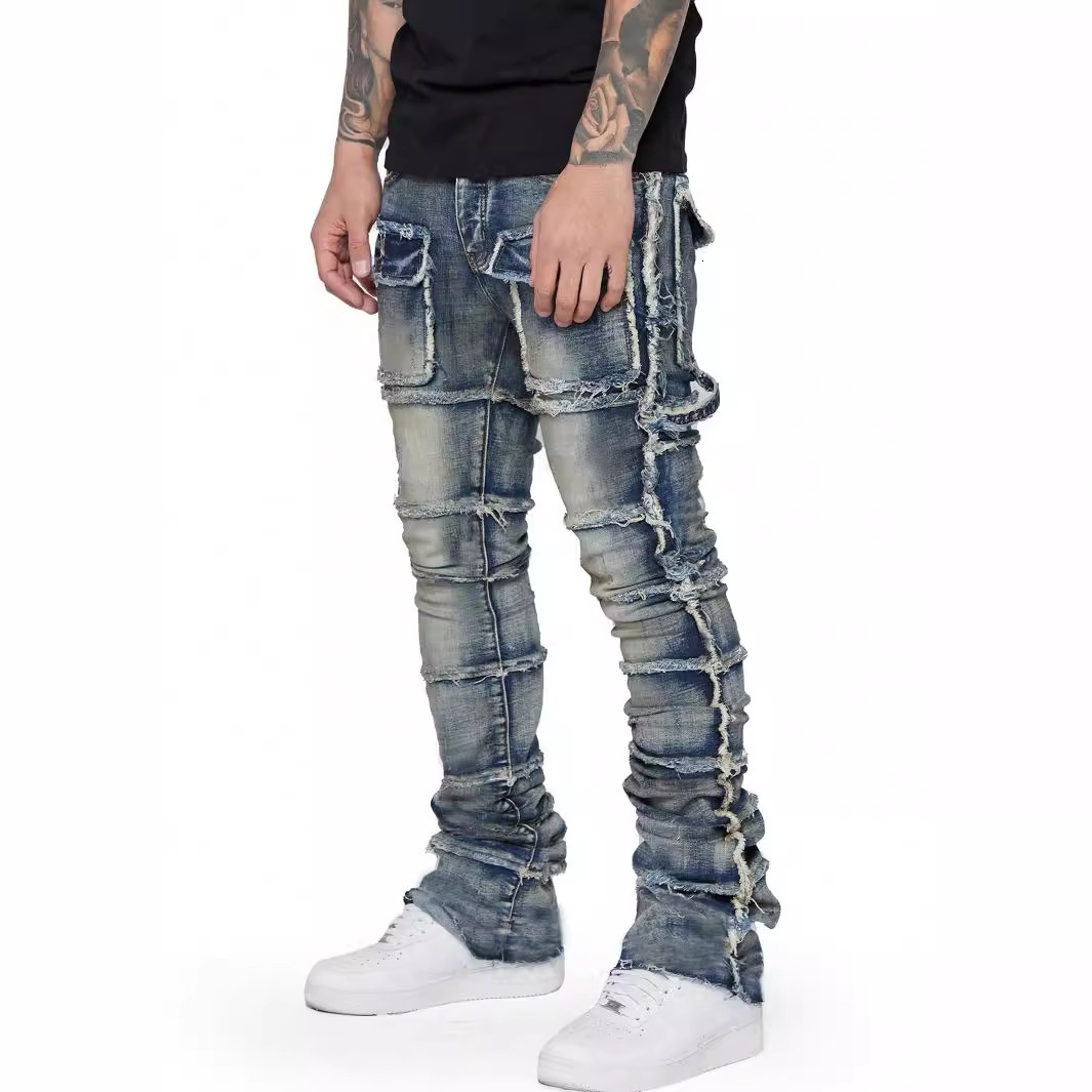 ksubi jeans men's denim workwear straight leg pants european and american fashion hot item elastic patch denim layered micro flared men's pa