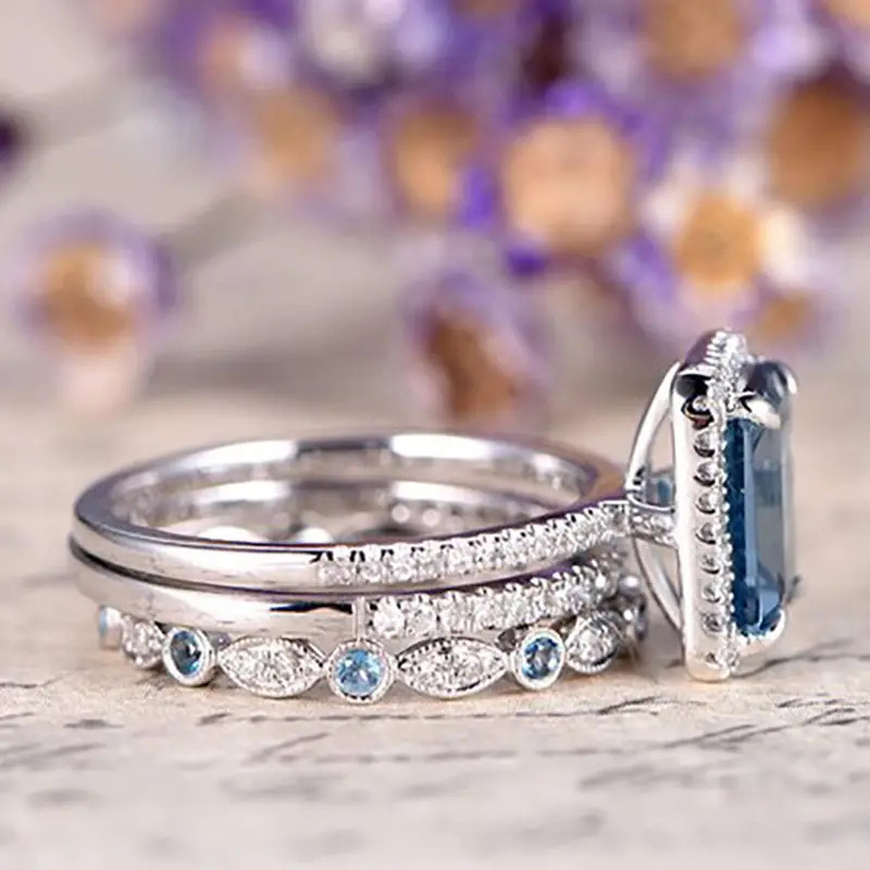 3PCS Elegant Wedding Rings Vintage Jewelry 925 Sterling Silver Fill Princess Cut Blue Cubic Zircon CZ Diamond Women's Fashion Bridal Ring Set Chr
