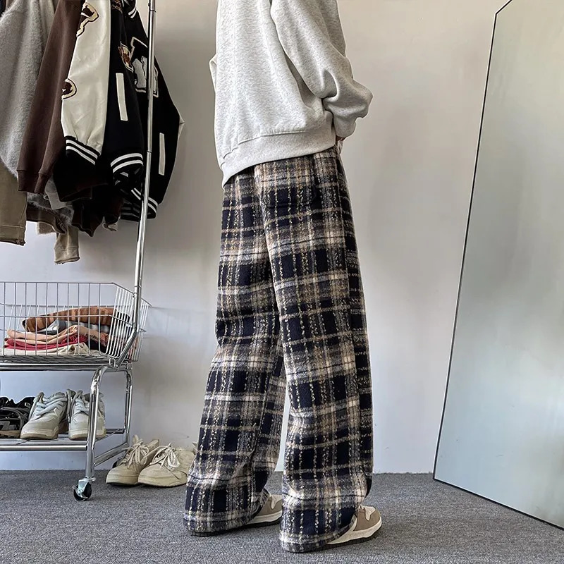 Winter Trendy Mens Fleece Plaid Casual Pants Loose Straight Leg Thick Warm Long Mopping Trousers For Men RedBlack 241104