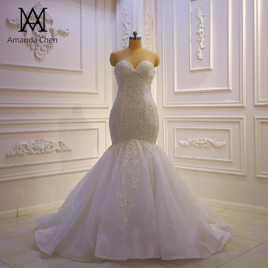 robe Lace Appliqued Beading Mermaid Off White Strapless Wedding Dress