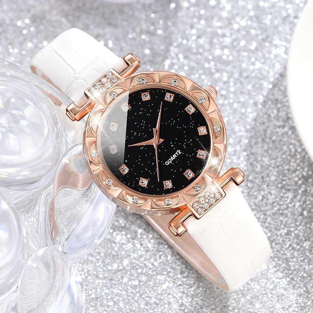 6-piece/set white watch PU strap quartz watch square diamond star sky dial jewelry set X241106