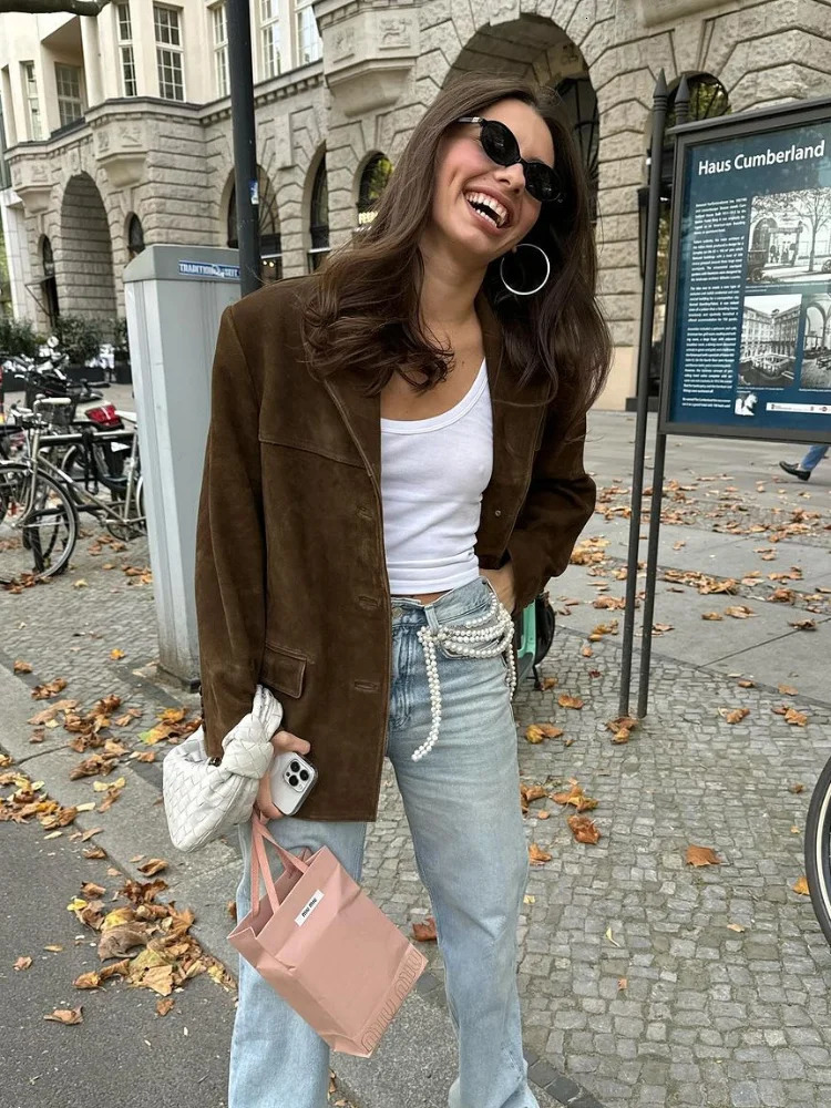 Chic Brown Suede Jacket For Women Elegant Lapel Long Sleeve Single Breasted Pockets Coats Autumn Office Lady Commuting Outwear 241106