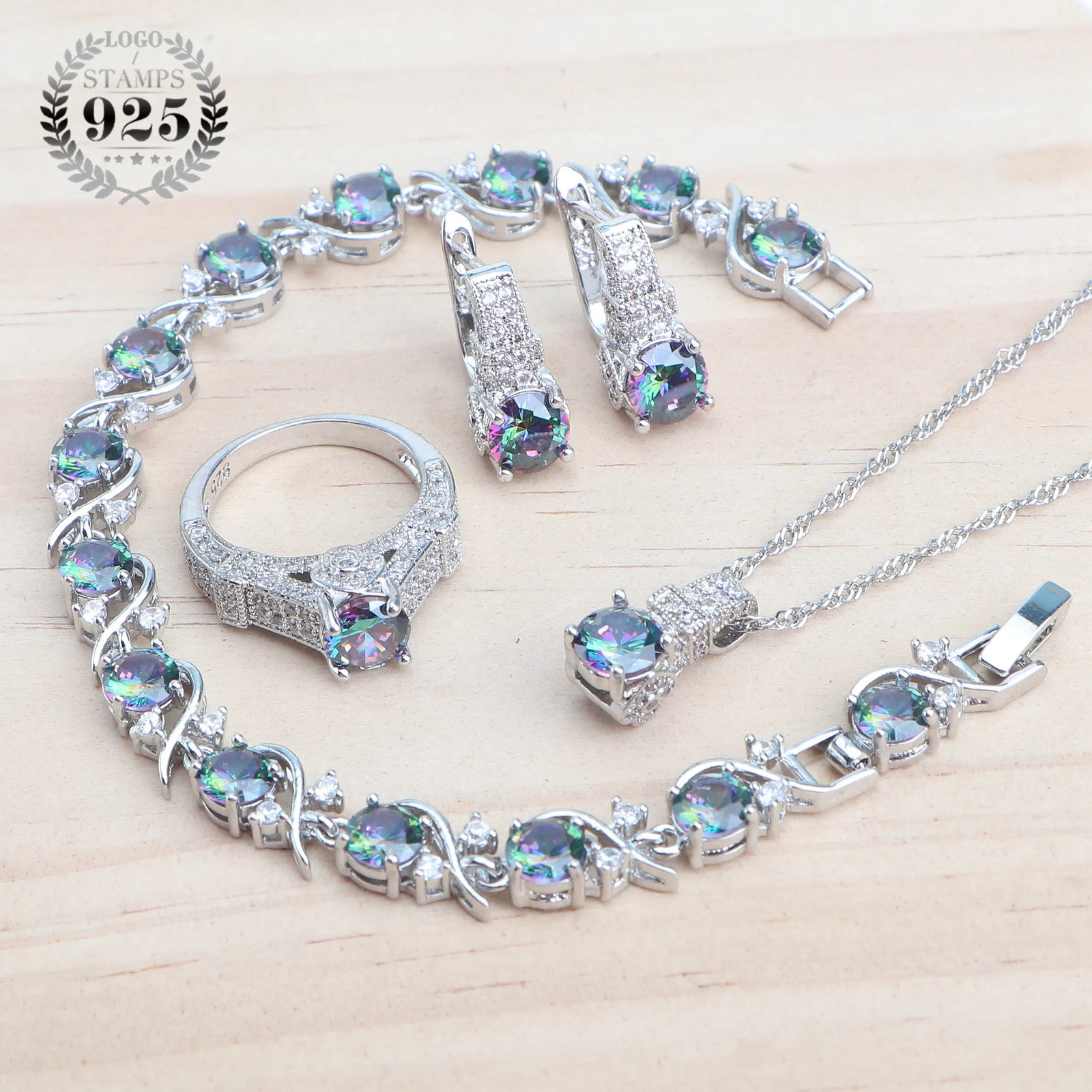 925 sterling silver jewelry set suitable for womens wedding jewelry womens purple zircon earrings bracelet set ring pendant necklace 241106