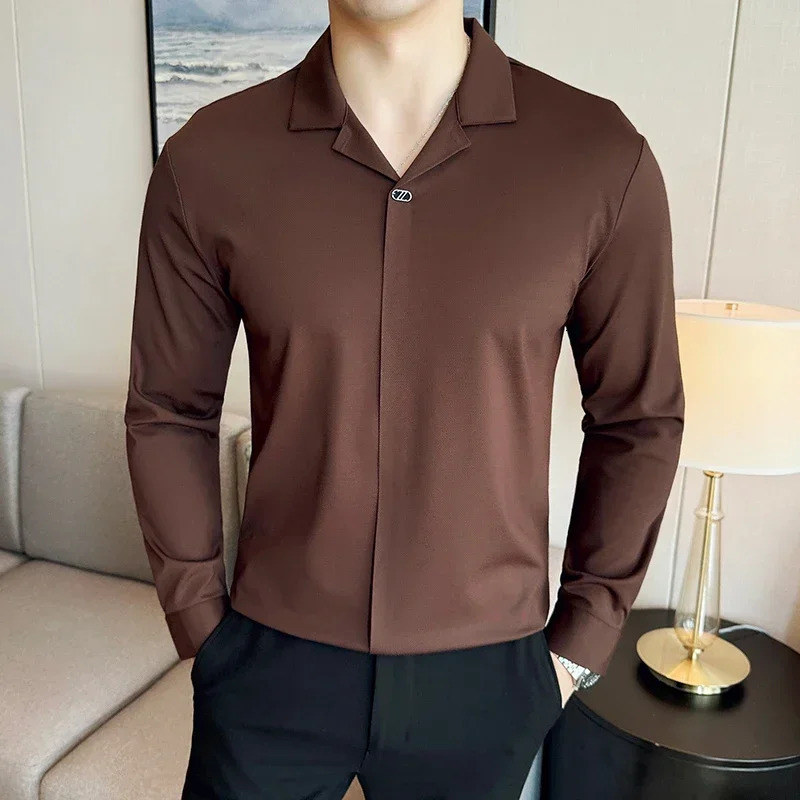 High-end Seamless V-Neck Polo Shirt Mens Long-Sleeved Traceless Elasticity Slim Fit Casual Tee Fashion Business Social Clothing 241106