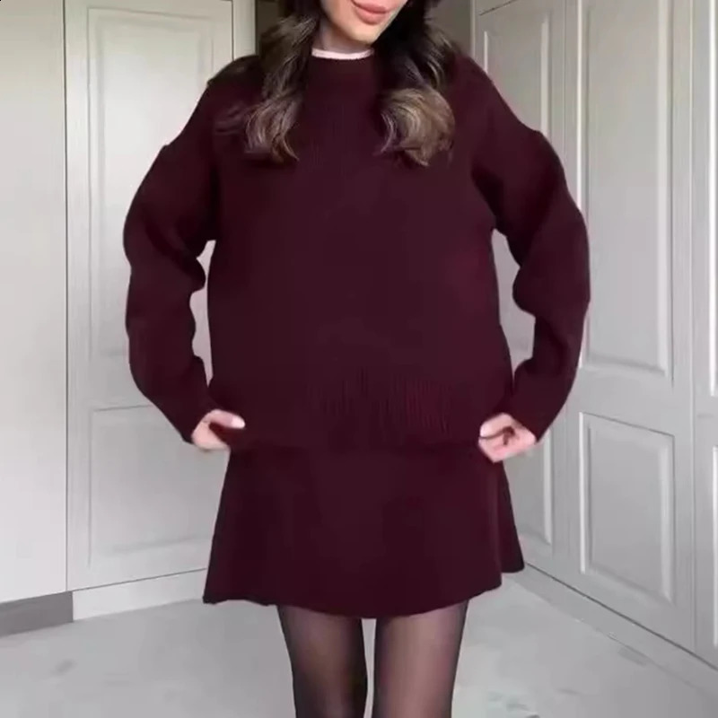2024 Autumn Winter Knitted Womens Two Piece Sets Casual O-neck Long Sleeved Sweater Skirt Suits Vintage Commuting Slim Outfit 241105