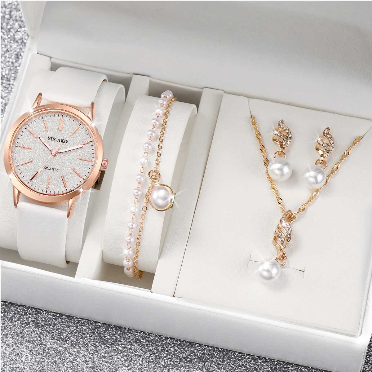 4-piece/set fashionable starry sky dial thermometer casual leather strap quartz watch pearl jewelry set (no box) X24110611