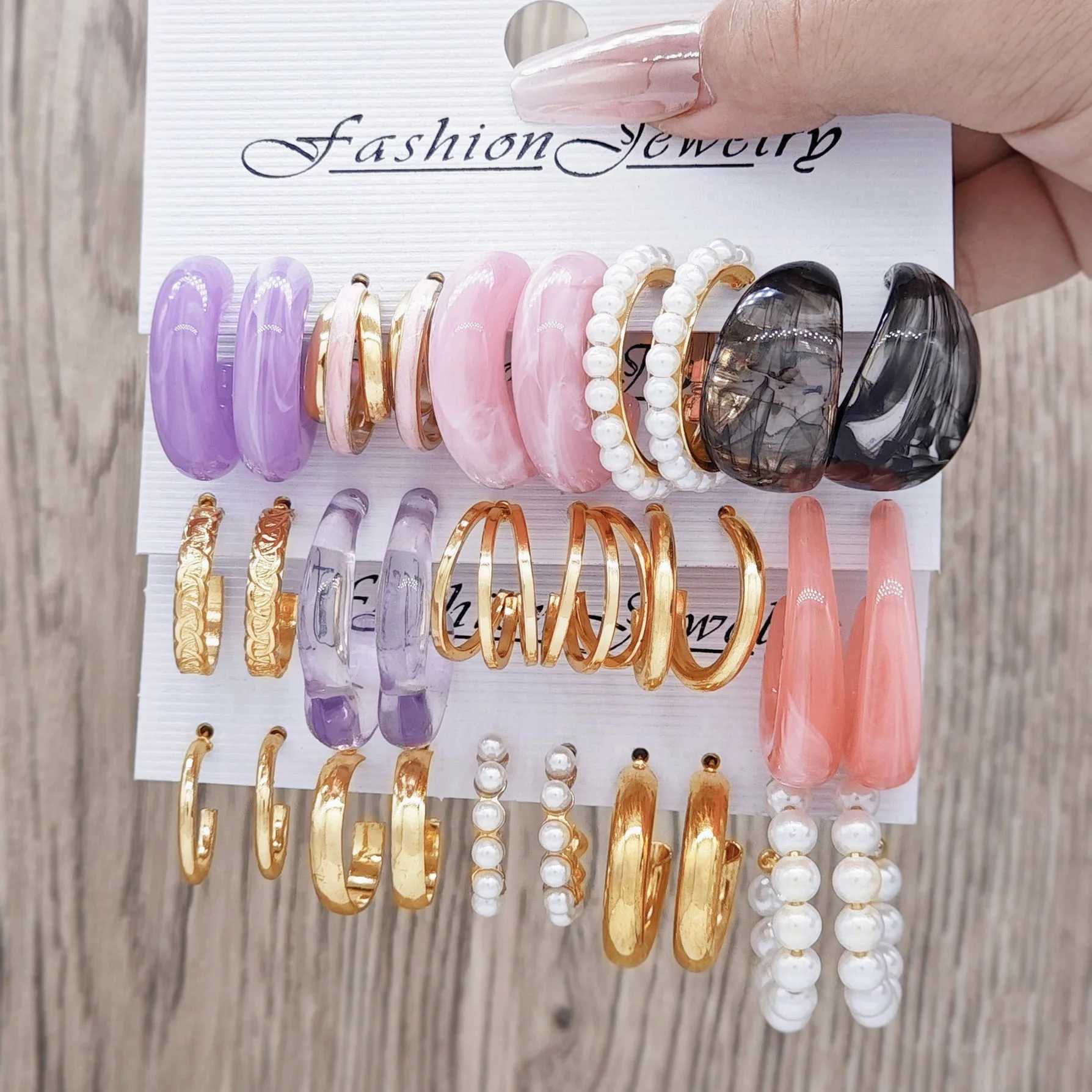 Irregar vintage pearl earrings acrylic ring with oil droplets alloy earrings and earring set X241106