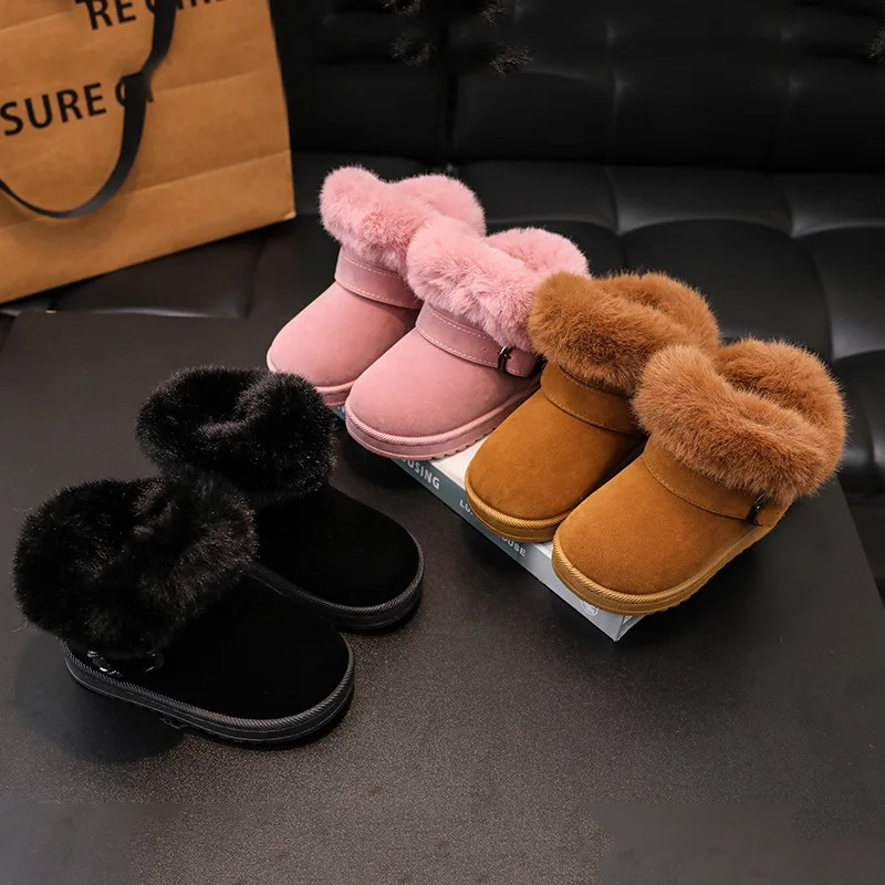 Kids Plush Snow Boots Winter Baby Soft Warm Cotton Shoes Boys Girls Buckle Belt Fur Suede Boots Princess Ankle Boots 241106