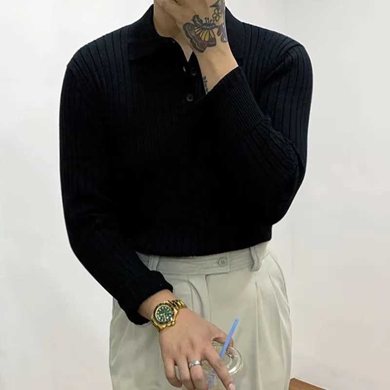 Autumn Long Sve Knitted Mens Fashion Ribbon Solid Color Ultra Thin T-shirt Knitted Mens Casual Button Collar Zipper W241106