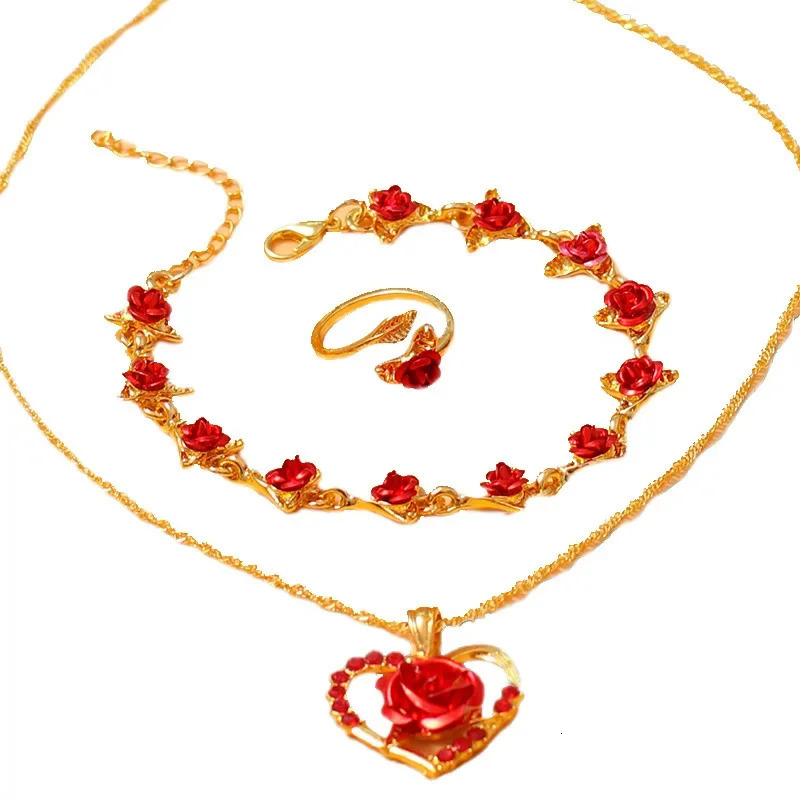 European and American Accessories Vintage Exquisite Rose Pendant Necklace Ring Set 241106