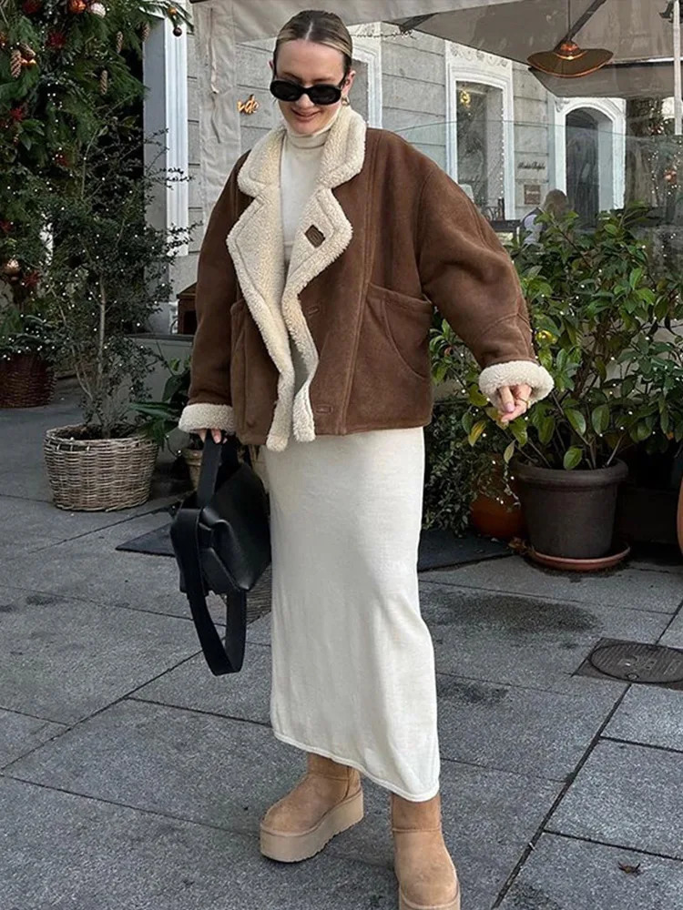 Fashion Lamb Wool Women Coat Patchwork Full Sleeve Lapel Female Jacket 2024 Elegant Winter Warm Thicken Pocket Lady Overcoat 241106