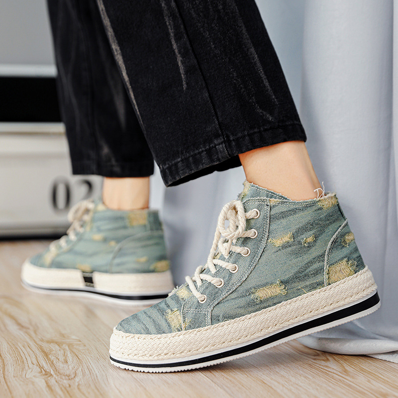 Distressed Denim High Top Skate Shoes With Good Grip, Breathable Lace-up Sneakers, Men's Footwear, Espadrilles Inspired Look.