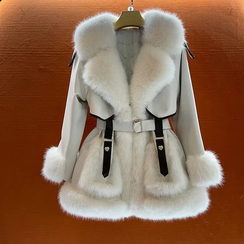 Temperament Big Fur collar LaceUp Coat Female Autumn Winter MidLength Warm Faux Fox Jacket Loose Overcoat W567 241104
