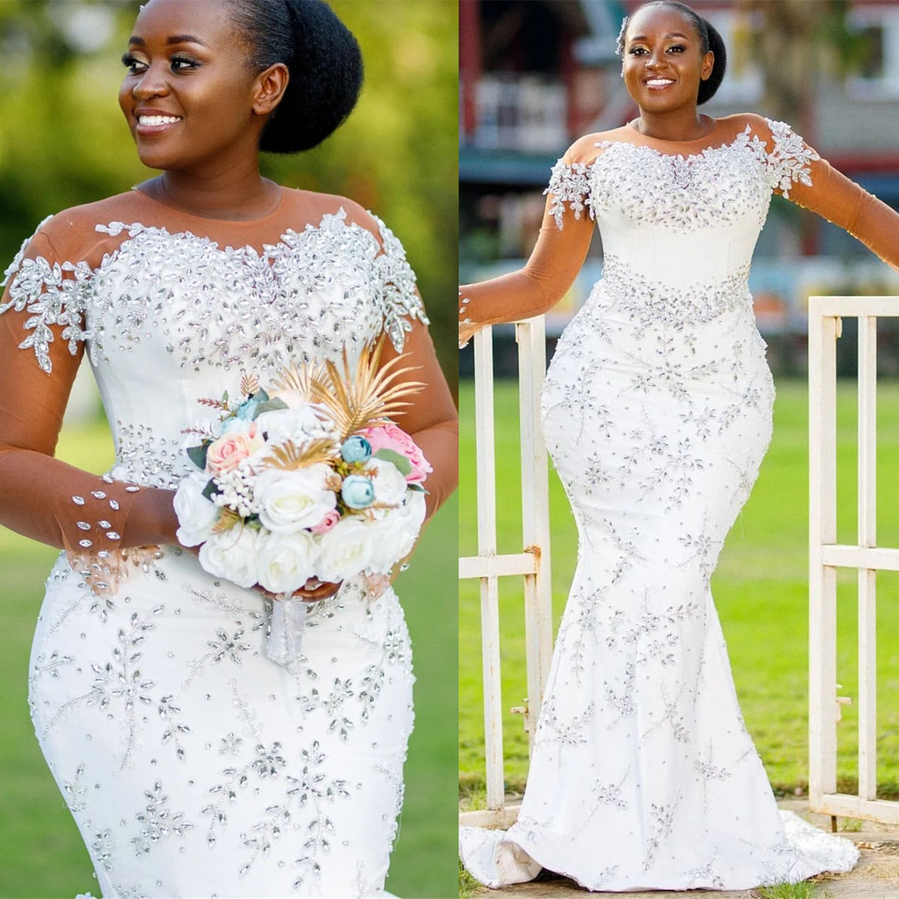 2024 Arabic Aso Ebi Plus Size White Mermaid Wedding Dresses Rhinestones Lace Full Sleeves Detachable Train Luxurious Bridal Gowns Dress ZJ0249