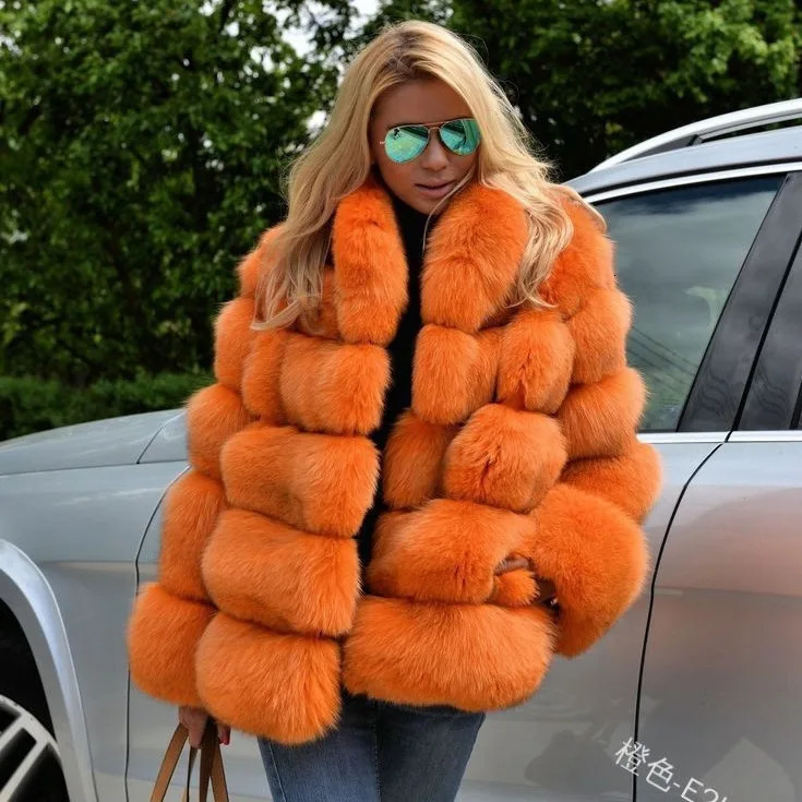 Women Fox Faux Fur Coats Mid Length Coat Turn Down Collar Full Sleeve Thick Warm Elegant Splice Autumn Winter Open Stitch 241104