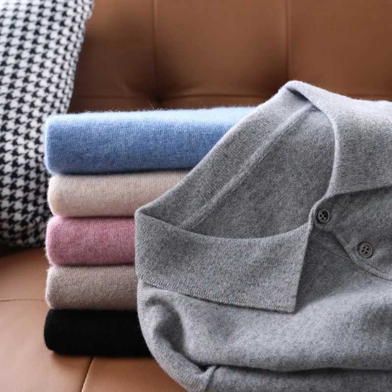 High quality ultra-fine cashmere knitted lapel mens T-shirt long Sve shirt solid color trend casual gray white black W241106
