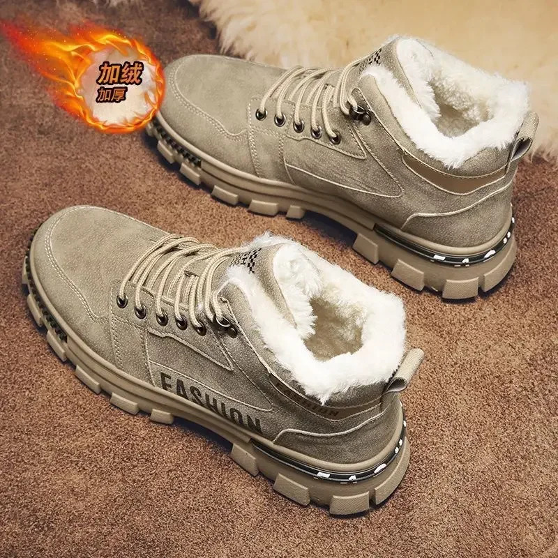 New Men's Outdoor Winter Anti Slip Plush Snow Boots Indoor Warm And Cold Resistant Snow High Top Lace Up Shoes Pressure Resistant Sports Work Boo