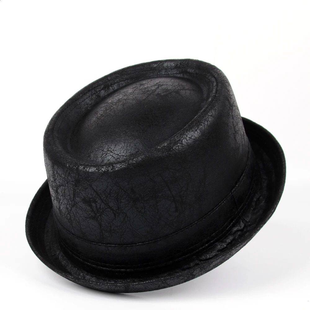 Mens Fedora Hat Leather Flat Top Pig Pie Hat Mens Bowling Church Jazz Sun Hat Big 4 S M L XL 241105