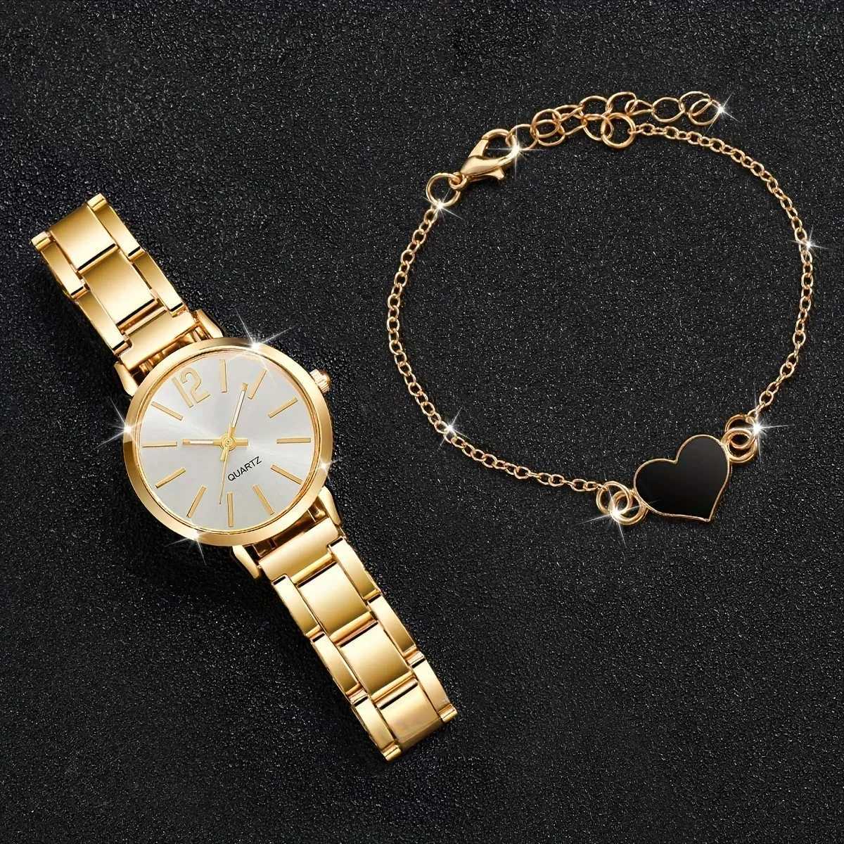 Elegant gold watch luxurious and fashionable womens watch 2-piece business and fashionable quartz watch charming bracelet set gift X241106