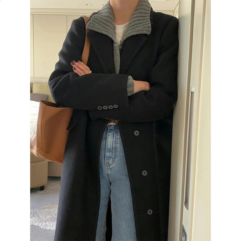 MEXZT Long Wool Blends Coat Streetwear Black Woolen Jackets Elegant Commute Blazer Overcoat Winter Korean Chic Outerwear 241105