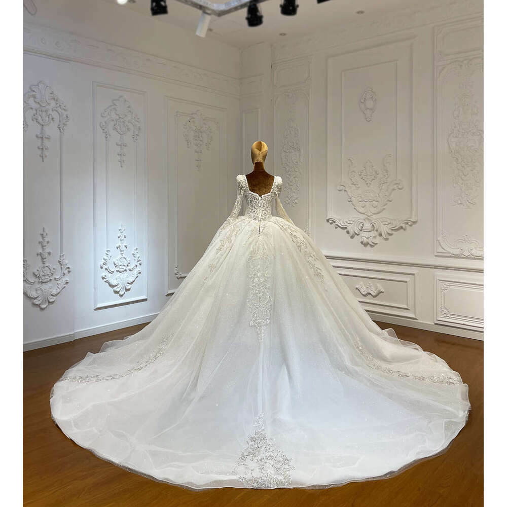 Customized Square Neck Full Lace Long Sleeve Bridal Ball Gown Wedding Dress
