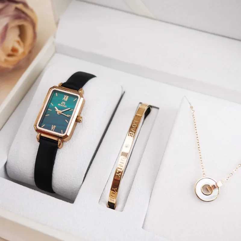 Miboni Womens Watch Premium Sense Small Square Watch Gift Box Three Piece Set Mini Green Watch X241106