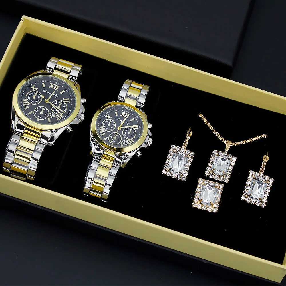 Couple Watch Set Luxury Elegant Steel Watch Mens Wenda Quartz Watch with Jewelry 6Pcs Set r Gift+Box X241106