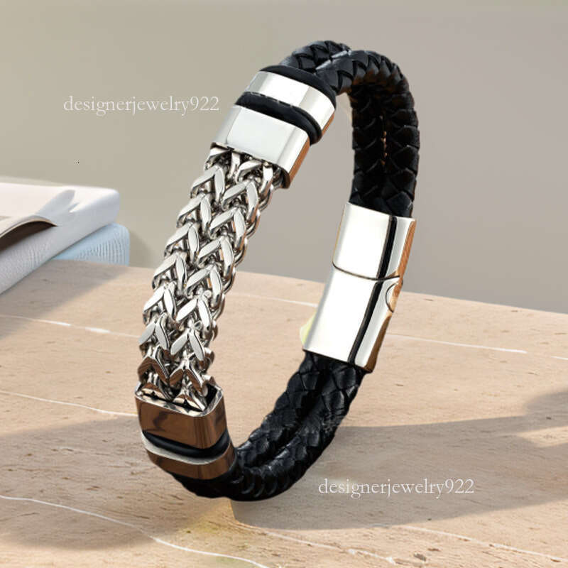 leather designer bracelet stainless steel magnet buckle double splicing front and back button chain double-layer woven jewelry