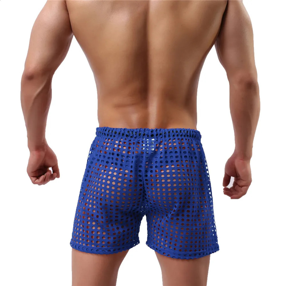 Sexy Mens Causal Shorts Big Mesh Breathable Gym Fishnet Boxers Transparent Loose Sleep Bottoms Men Hollow Out Swim Trunks 240323