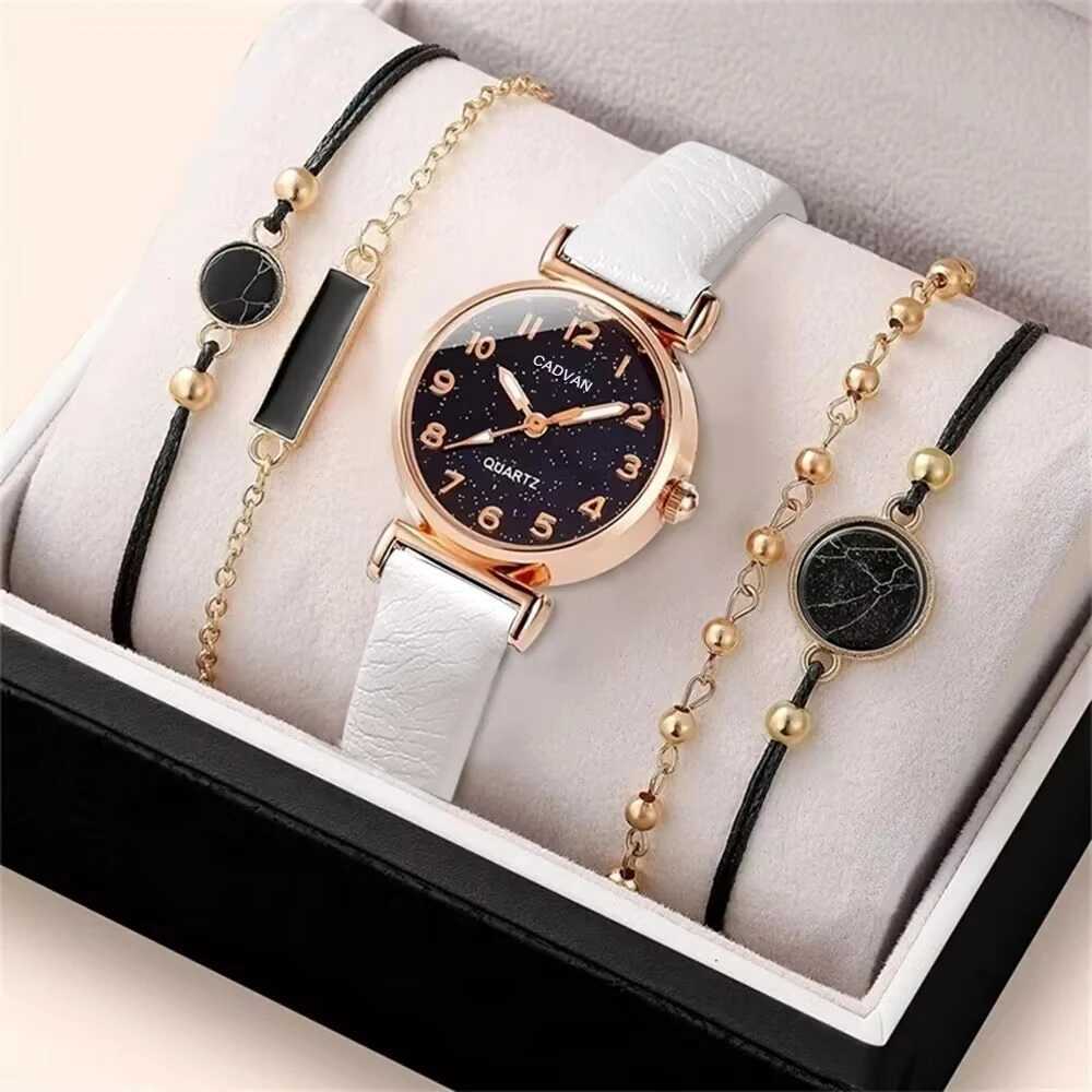 5-piece Wen Fashion casual belt watch simple womens starry sky circular dial quartz watch dress clock X241106