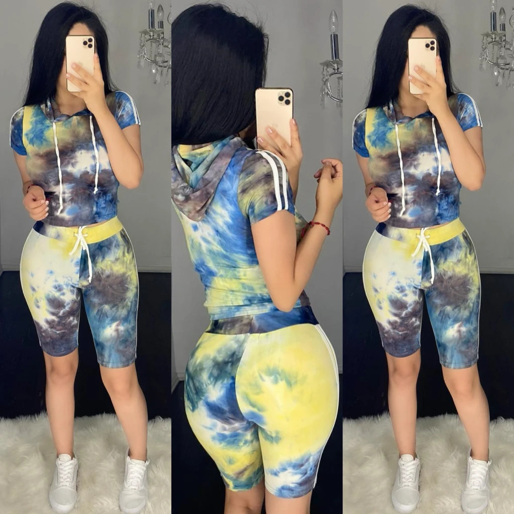 New designer women's fashionable casual tie dye printed hooded sports two-piece set fashionable hoodie
