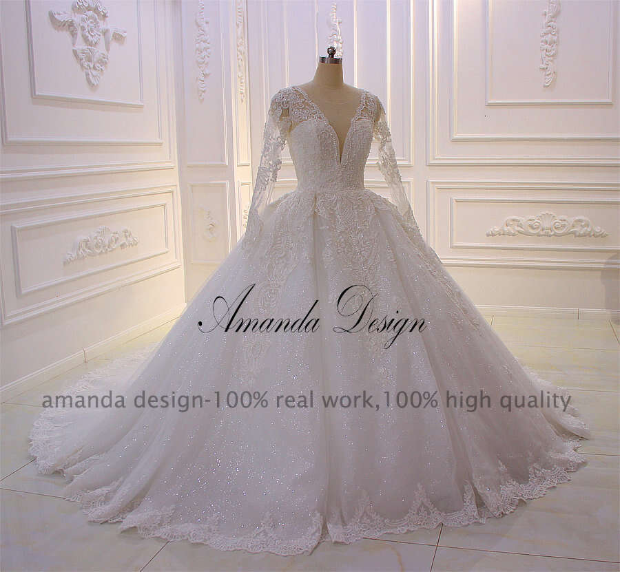 Amanda Design nikah elbisesi Long Sleeve Lace Appliques Shiny Wedding Dress