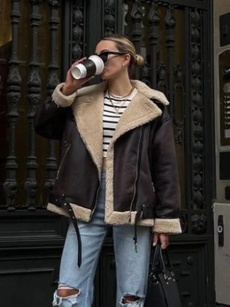 Suninheart Fashion Winter Warm Faux Fur Jacket Women Long Sleeve Moto Biker Zipper Jackets Coat Female Autumn Casual Lapel coat 241106