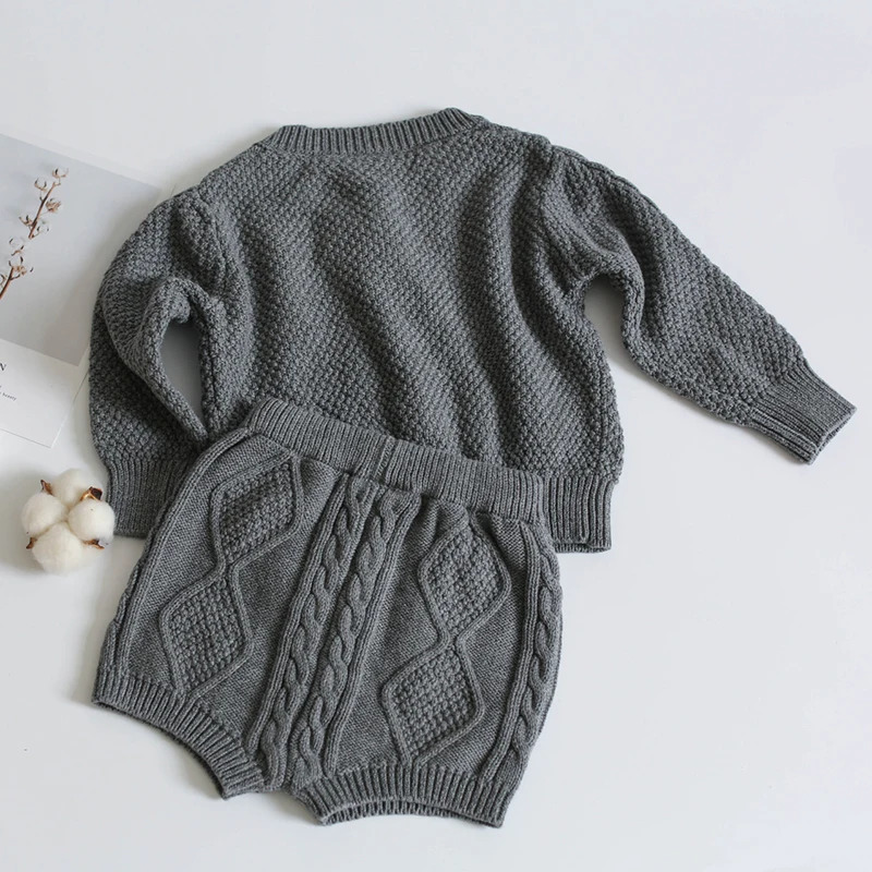 Cotton Boys Girls Baby Knit Sweater Cardigan Shorts Suit Autumn Winter Children Clothing Baby Clothes Suit 241106