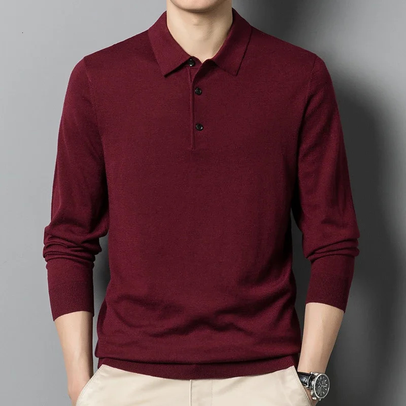 Mens Autumn Long-Sleeved Wool Blend Solid Color Polo Pullover Sweater with Lapel Casual Bottoming Sweater -Sizes M-4XL 241106