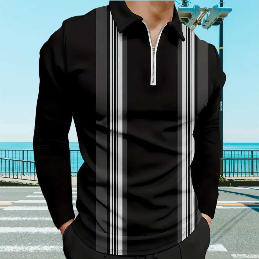Mens shirt fashionable color block printing casual lapel clothing mens T-shirt top fashionable V-neck sports long Sve mens clothing W241106