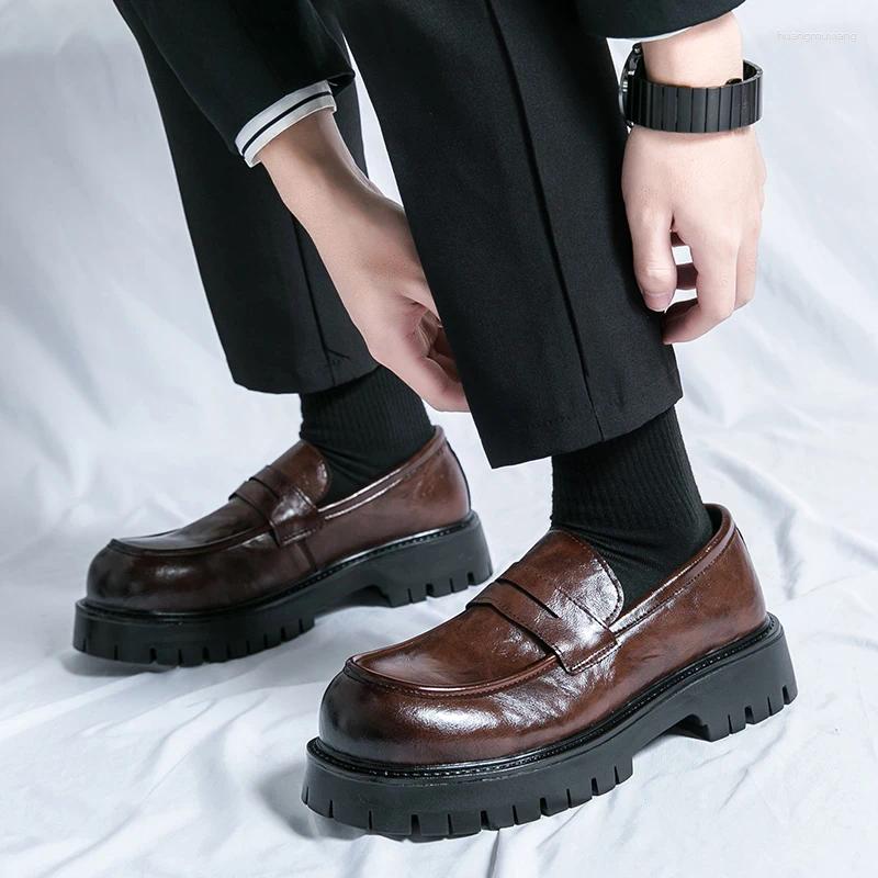 Casual Shoes Man Black Loafers Leather Solid Color Thick Soled Fashion Round Toe Daily Wedding Dress Party Faux Suede