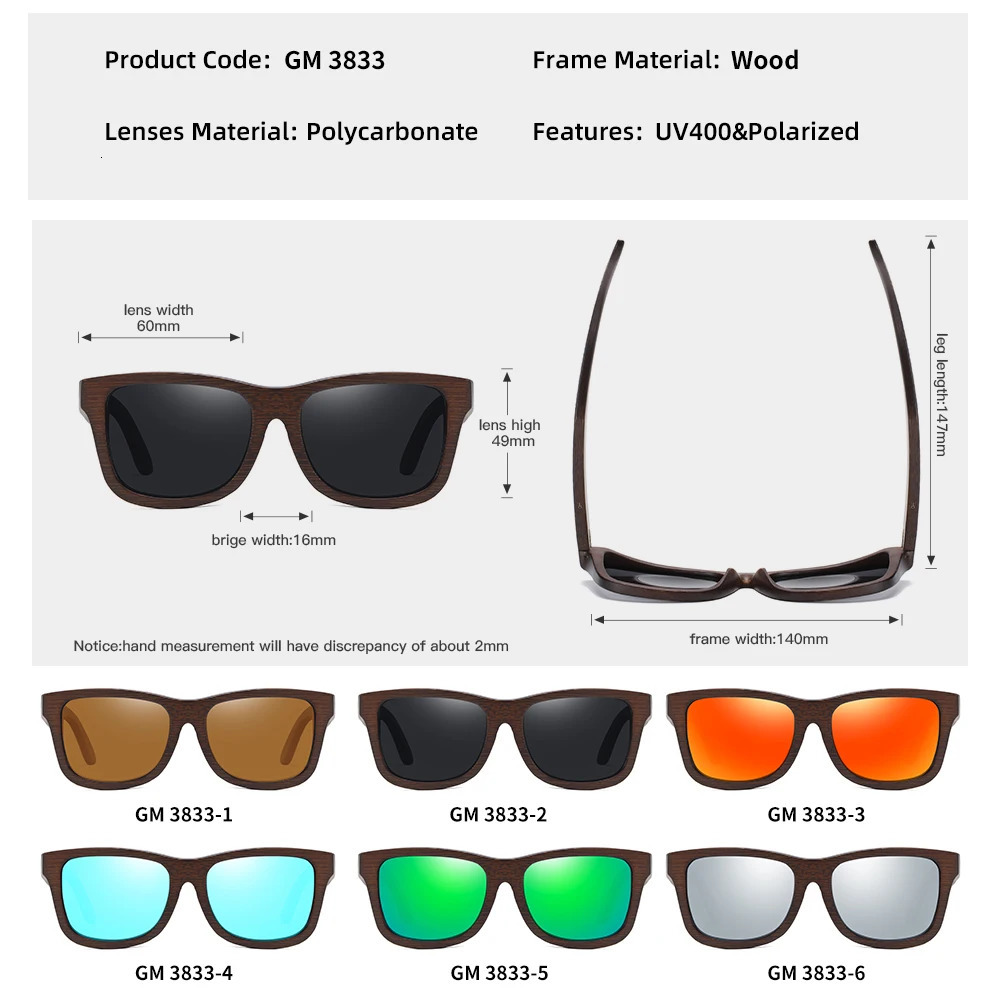 GM retro fashion bamboo polarized sunglasses driving square style sunglasses mens goggles UV400 womens 241106