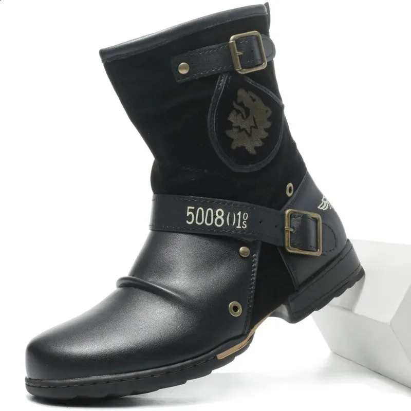 Retro mens mid-range boots with buckle edges and zipper mens horseback riding sports shoes autumn and winter non slip boots western casual cowboy boot