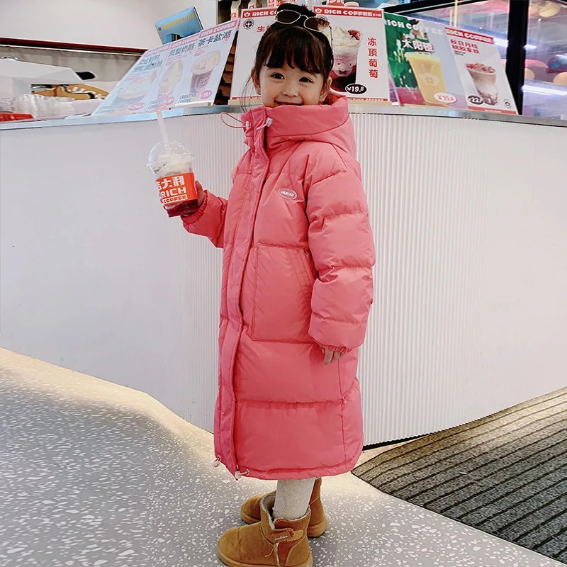 3-12 Winter Girls Down Jacket Long Solid Color Fashion Parka Coat Hooded Zipper Coat Birthday Gift Childrens Clothing 241106