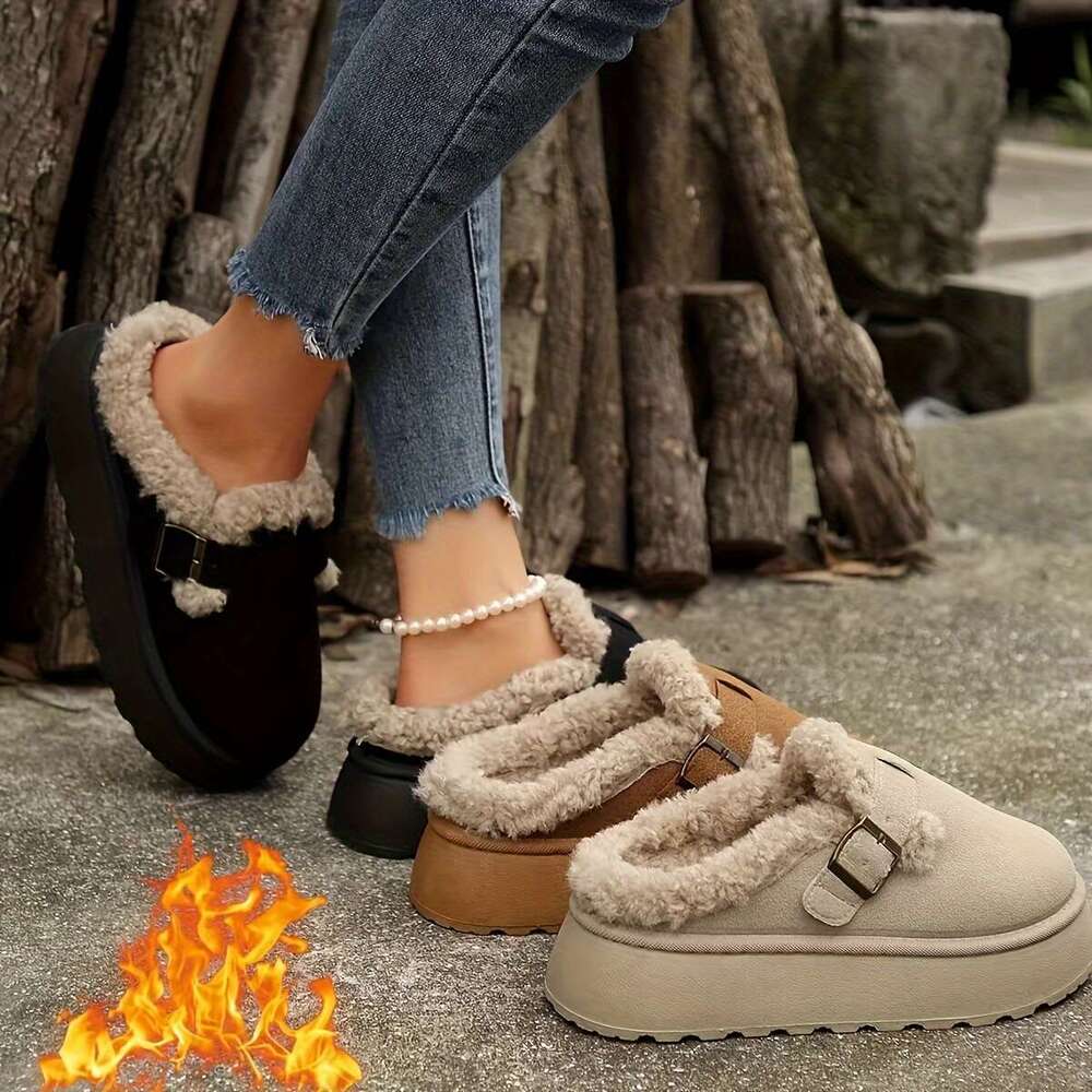 Cozy Plush ed Ankle Boots Soft Solid Color Design, Comfortable Buckle Strap, Warm Winter Shoes Women - Perfect for Cold Weather, Casual Daily Wear