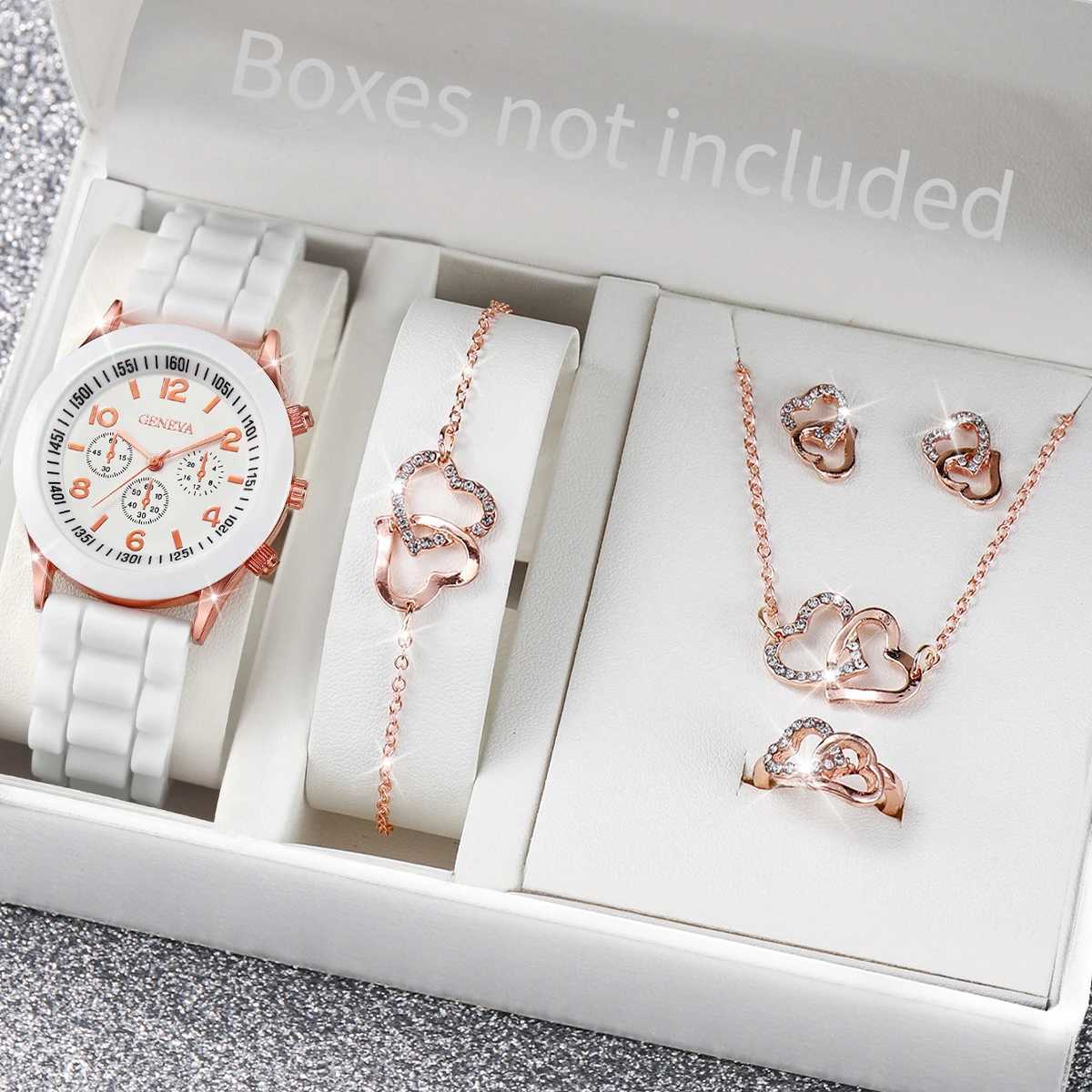 6-piece/set Warm Fashion Silicone Strap Quartz Watch with Shaped Jewelry Set X241106