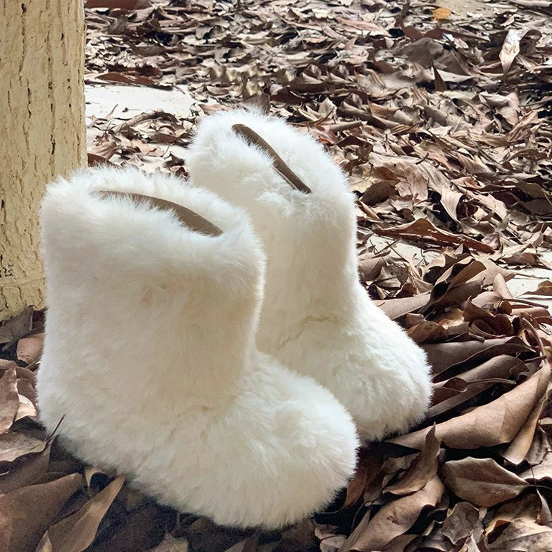 Fluffy Warm Plush Boots Baby Girls Thick Fur Booties Toddler Child Winter Fashion Round Toe Slip-on Outdoor Cotton Shoes 241106