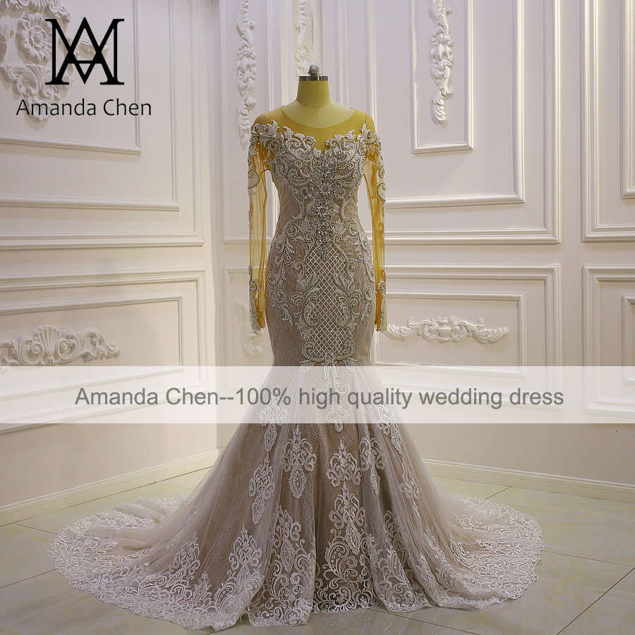 robe mariee Long Sleeve Handwork Crystal Rhie Mermaid Wedding Dress