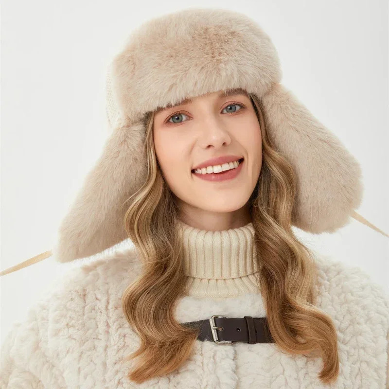 Waterproof Womens Winter Hunter Pilot Cavalry Hat Earrings Warm Russian Hat Ski Bomber Hat Knitted Earrings Protector Ushanka Hat 241106