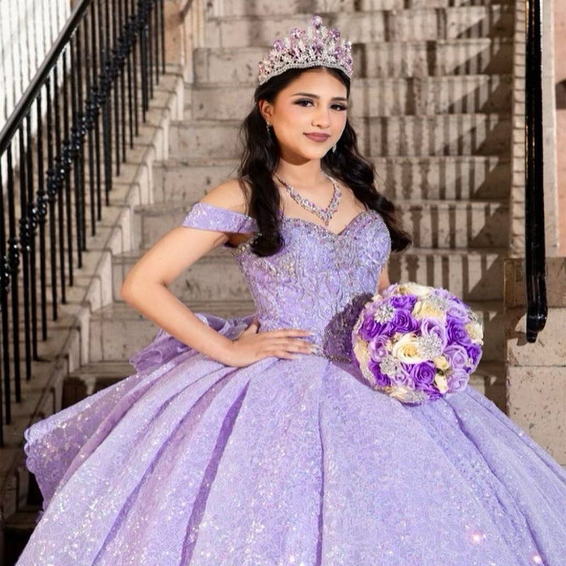 Mexico Lavender Off The Shoulder Ball Gown Quinceanera Dress For Girl Applique Lace Beaded Birthday Party Gowns Prom Dresses Sweet 16