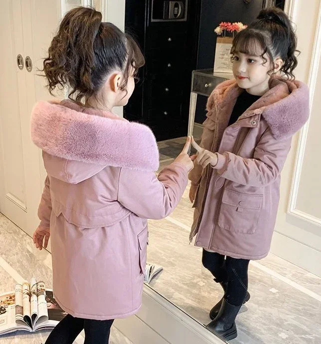 Girls cotton jacket winter childrens fashion plush thick style surpasses girls cotton jacket 241106