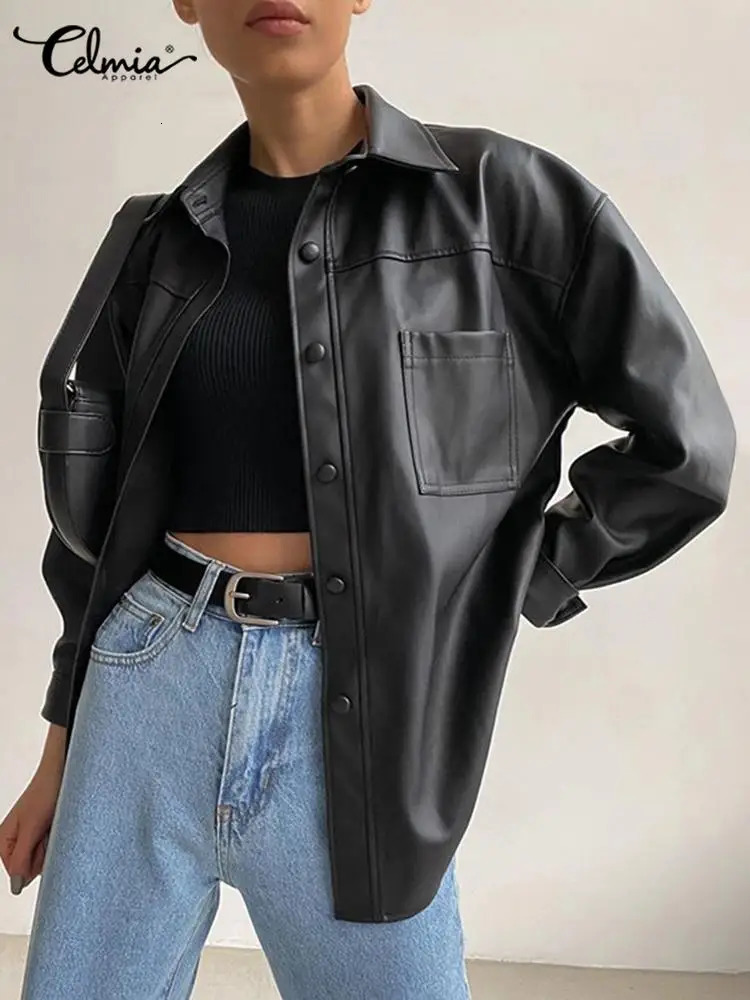 Celmia Women PU Leather Jackets Autumn Long Sleeve Lapel Outerwear Casual Street Overshirts Fashion Faux Leather Black Tops 241106