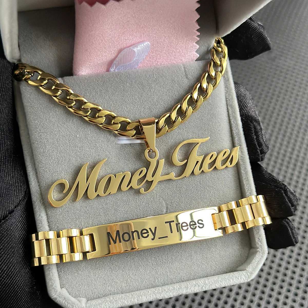 New Mens Name Bracelet Necklace Set Stainless Steel 5mm Cuban Chain Large Name Board Pendant Carving Name Bracelet Customized Jewelry Set X241106